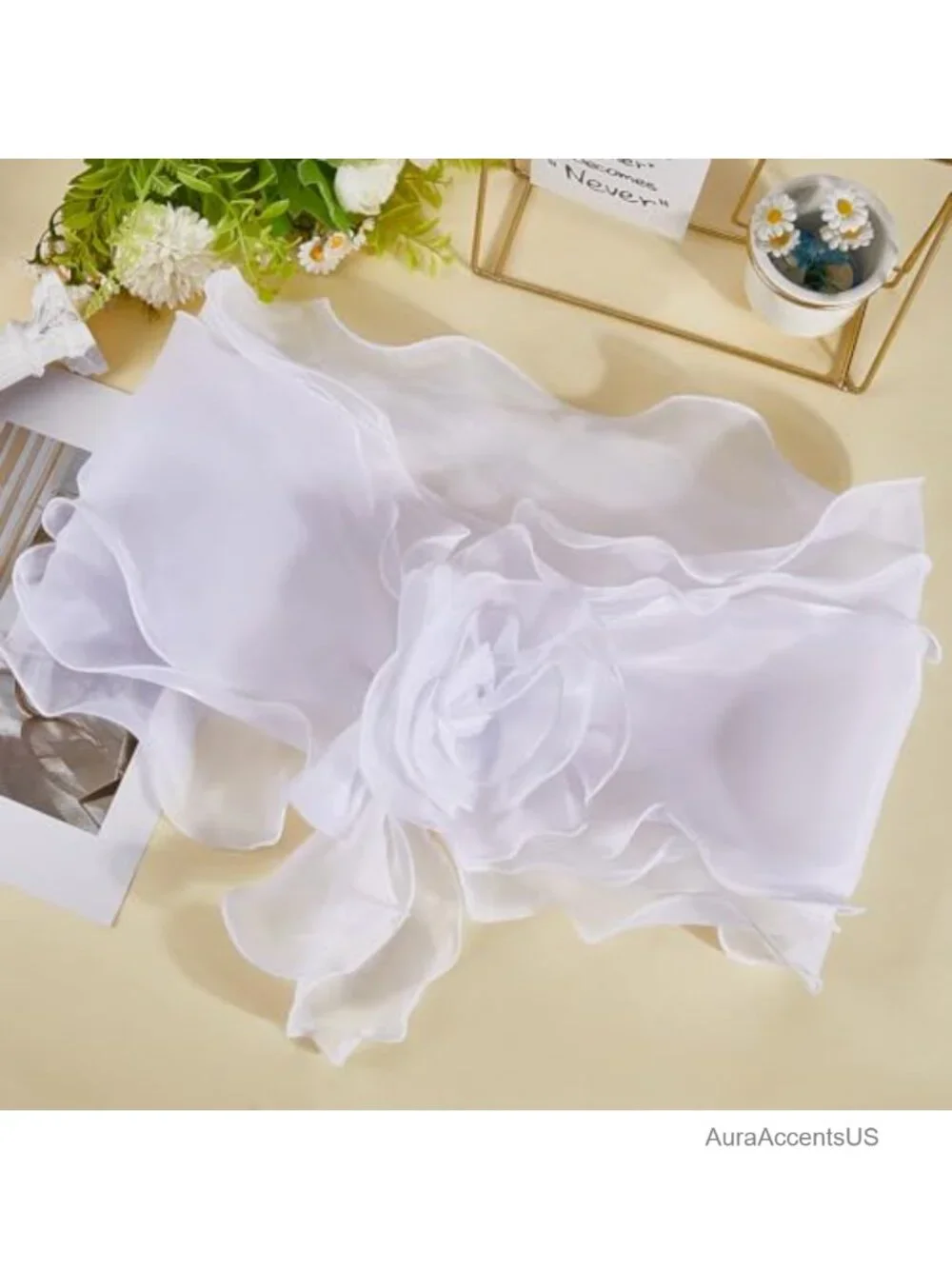 White Chiffon Shawl Wrap Ruffle Trim Sheer Silk Cape Pleated Floral Edge